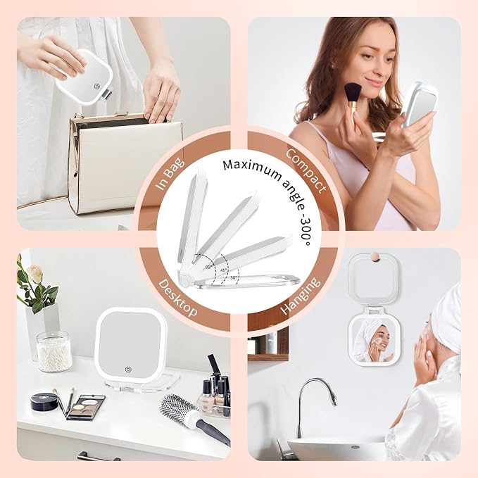 3.5" Rechargeable Travel Makeup Mirror 30X Magnification (White) | Lighted Portable Vanity Mirror with 3 Colors Lighting & Stepless Dimming, Double Sided LED Mirror, Gift for Women