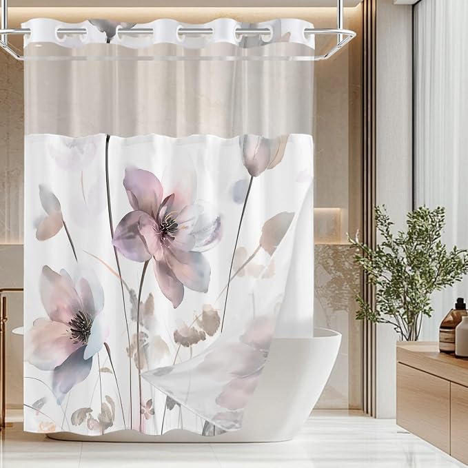 No Hook Shower Curtain and Liner Set, Pink Boho Floral 71x74 | Watercolor Boho Flower, with Snap in Liner, Waterproof, Machine Washable, Quick-Drying, for Hotel Bathroom