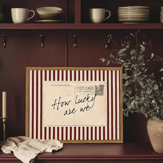 Vintage How Lucky Are Wall Art Preppy Postcard Striped Wall Decor Picture, Trendy Inspirational Quote Poster Canvas Print Picture for Living Room Bedroom 12x16 inch Wood Framed