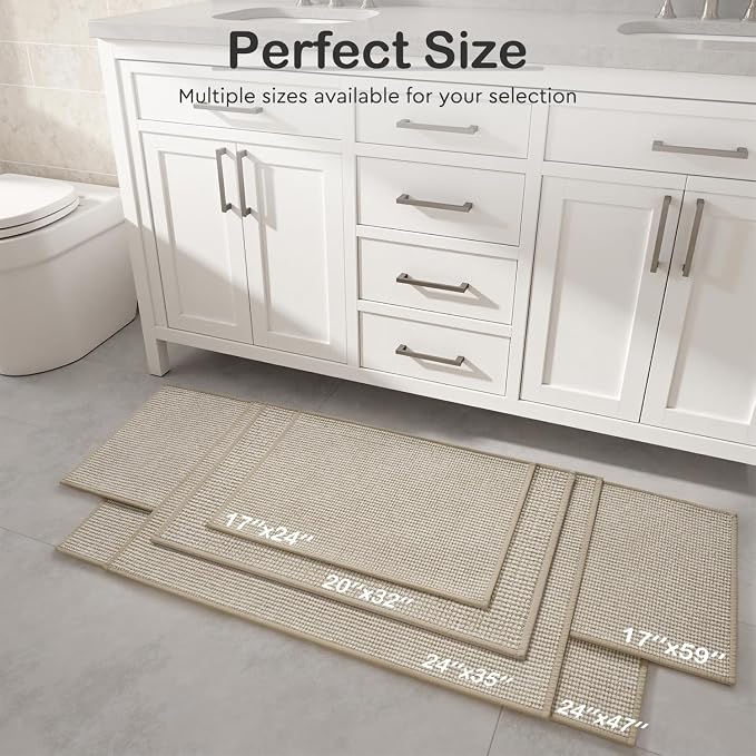 MontVoo Bathroom Runner Rugs,Chenille Absorbent Bath Mat Runner Quick Dry Rubber Backed Bath Runners Non Slip Washable Long Bathroom Rugs,Ultra Thin Bath Rugs Fit Under Door,24"x48",Beige