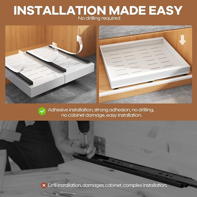 Seinloes 2 Pack Expandable Pull Out Cabinet Organizer 21"Deep With Raising Pad for Framed Cabinets,Upgrade 3 Slide Rails Slide Out Drawers,Roll Out Shelves Adhesive,Adjustable Width 15.15"-26.3" White