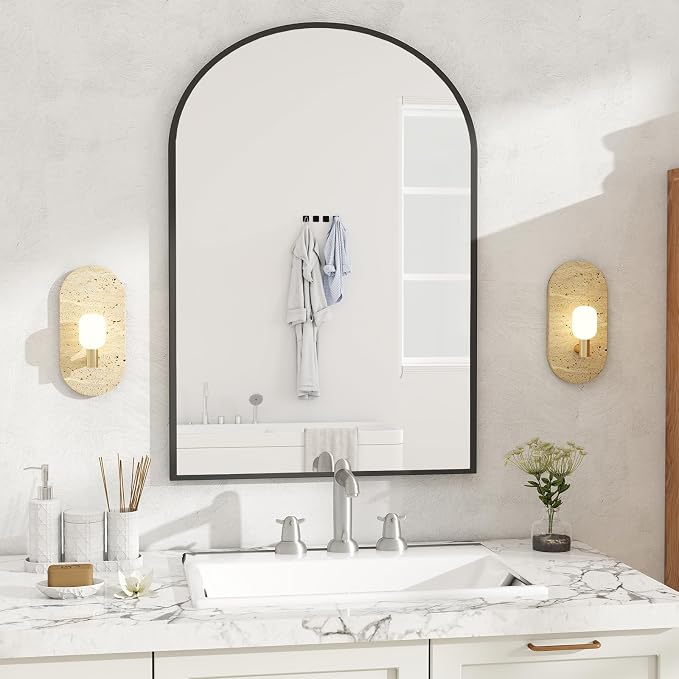 NEWBULIG 20X30 Inch Arched Bathroom Wall Mirror for Over Sink, Black | Wall Vanity Mirror with Tempered Glass, Anti-Rust Arched Metal Framed, Hanging or Leaning, Farmhouse Home Decor