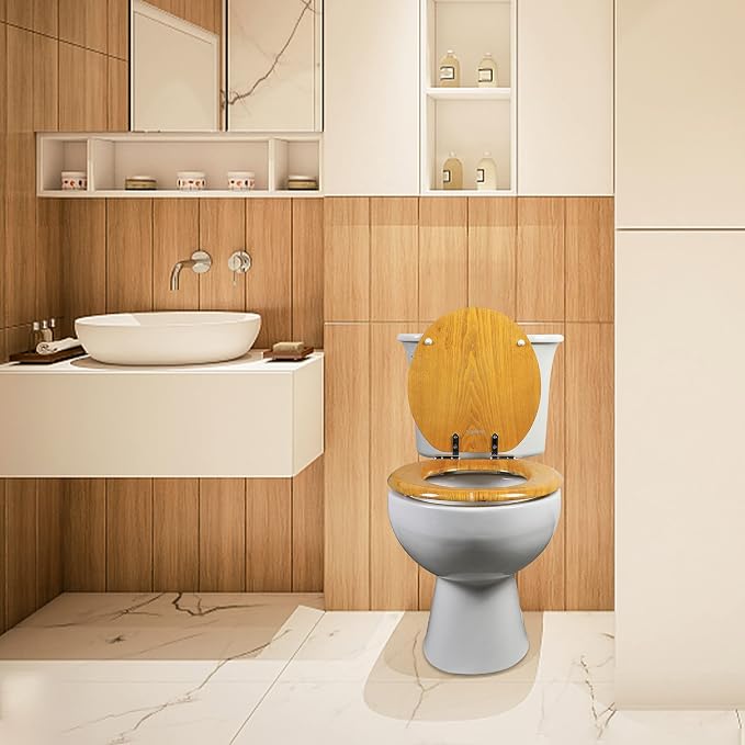 Angel Shield Toilet Seat Round Wood Veneer Quiet Close(Oak) | Quick Release Metal Hinges, Adjustable Fit for Standard Round Toilets, Easy to Install&Clean