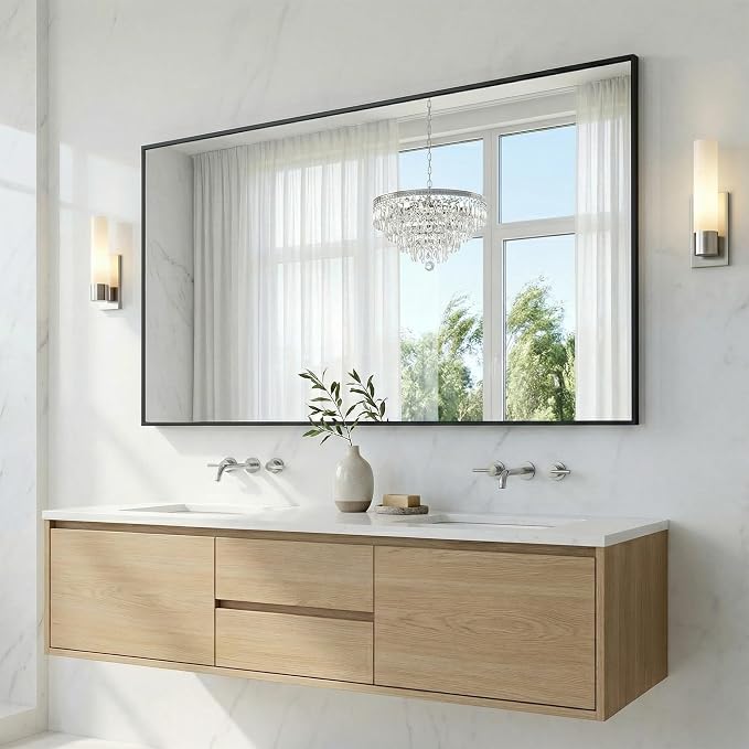 60"x30" Matte Black Wide Bathroom Wall Mirror for Double Vanity | Wide Double Vanity Mirror, Slim Metal Frame, Long Console or Buffet Use, Vertical/Horizontal Mount, Tempered Glass