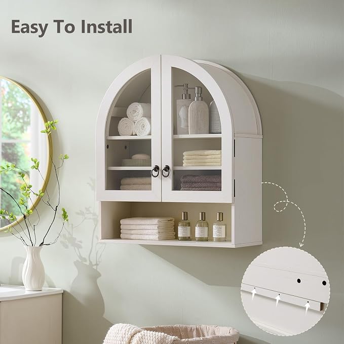 IFGET Bathroom Arched Wall Cabinet, 23.6'' Wide Medicine Cabinet with Adjustable Shelves & Glass Doors, Over The Toilet Storage Wall Mount Cabinet for Laundry Room,Kitchen & Living Room, Antique White