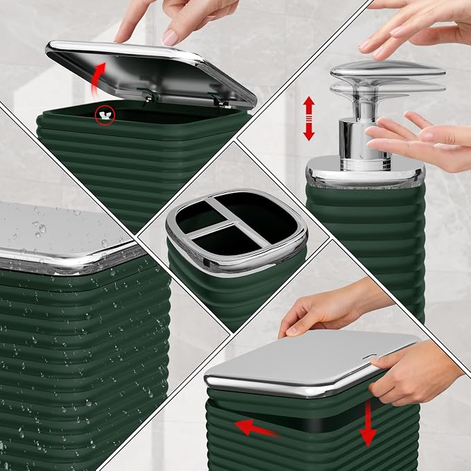 Bathroom Set - 10PC Bathroom Accessory Set, Green Bathroom Set, Luxury Bathroom Accessories Set, Trash Can, Toilet Brush, Soap Dish, Qtip Holder & Soap Dispenser