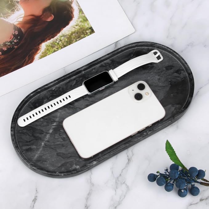 Oval Marble Bathroom Vanity Tray, Dark Grey, 12" x 6" x 0.8" | Natural Luxury Marble, Home Kitchen Bathroom Table Tray, Stone Decorative Countertop Tray, For Coffee Perfume Jewelry