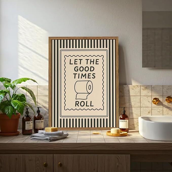 Let the Good Times Roll Bathroom Wall Art Funny Black and White Stripe Restroom Quote Wall Decor Vintage Toilet Paper Sign Poster Canvas Painting Prints 16x24 inch Wood Framed