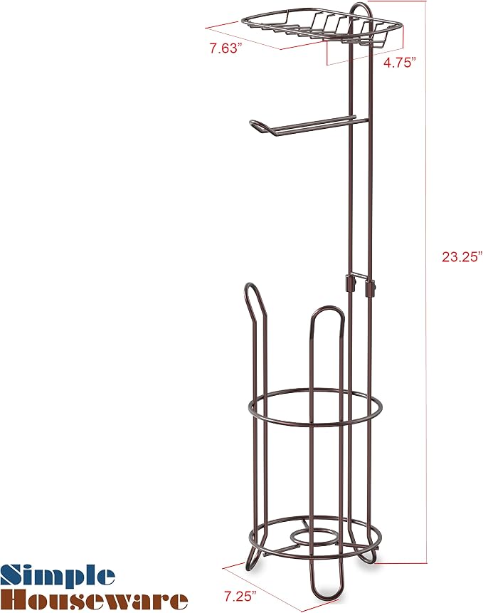 Simple Houseware Toilet Paper Holder Stand w/Cell Phone Wire Shelf, Bronze | 4 Paper Rolls, 7.25" x 7.25" x 23.5", Freestanding Paper Roll Storage for Bathroom