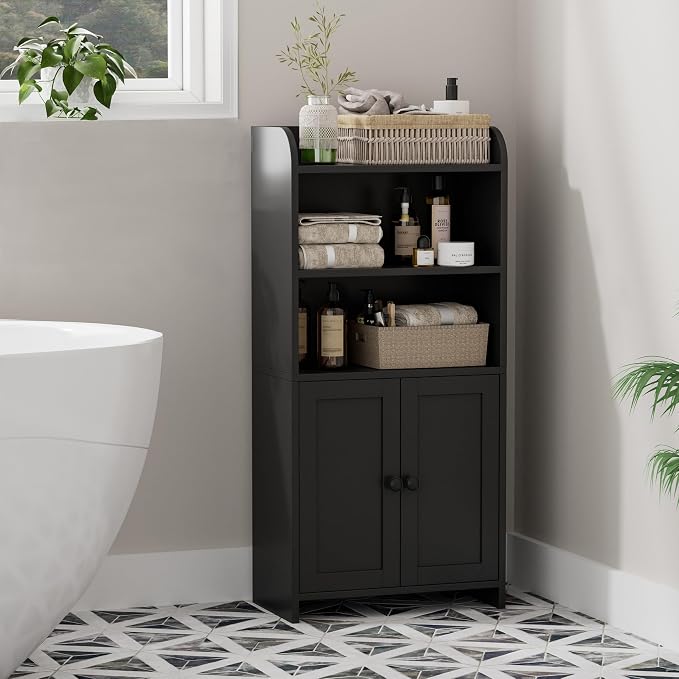 Homhedy Small Bathroom Storage Cabinet, Toilet Paper Storage Cabinet | Bathroom Floor Cabinet with Doors and Shelves, Bathroom Organizers for Small Spaces, 7.9" D x 14.6" W x 31" H, Black
