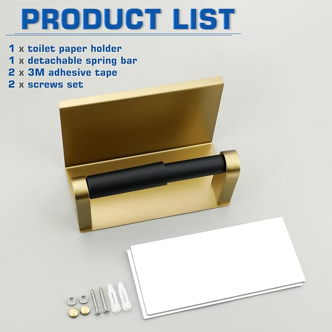 Alise Toilet Paper Holder with Shelf Wall Mount Adhesive or Screw in,Gold | SUS304 Stainless Steel Toilet Paper Roll Holder with Spring Loaded Anti-fall Tissue Holder Storage Dispenser,Rustproof