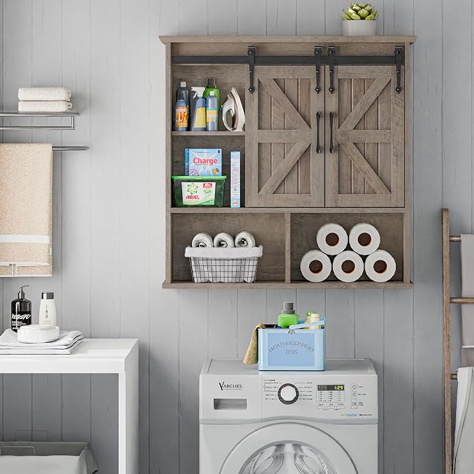 Vabches Bathroom Wall Cabinet, Farmhouse Medicine Cabinet, Washed Oak | Wooden Vintage Storage Cabinet Wall Mounted with Double Sliding Barn Door and Adjustable Shelf for Bathroom, Kitchen