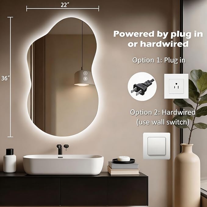 LED Mirror for Bathroom, 22x36 Inch Irregular Backlit Mirror | 3 Colors, Dimmable, Anti-Fog, Memory Function, Horizontal/Vertical, Al Alloy Lampshade, HD Glass, Rust-proof Treatment, UL