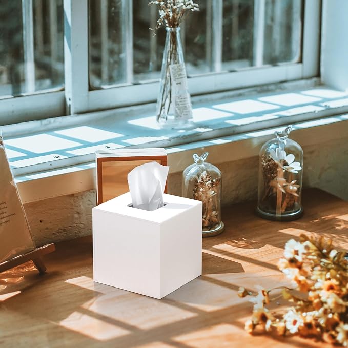 Matte White Square Acrylic Tissue Box Cover | Handmade Magnetic Non-Slip Facial Napkin Dispenser Holder for Bathroom Kitchen Bedroom Office (5.5x5.5x5.5)