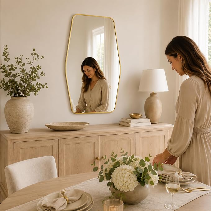 Brushed Gold Tapered Rectangle Bathroom Mirror, 24x36 Inch | Aluminum alloy frame, tempered glass, two-way keyhole mount, for dressing room and entryway