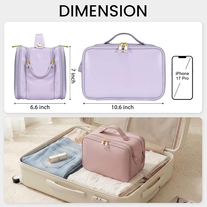 HauteHues Travel Makeup Bag Women's Large Capacity Cosmetic Portable Organizer Large Opening Waterproof Storage Toiletry Bags Vertical Free-Standing Brush Holder for Easy Access Purple