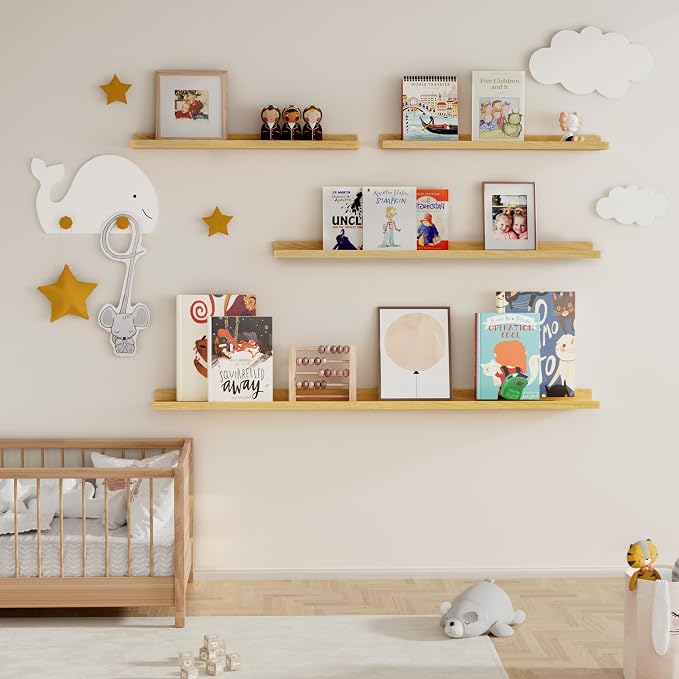 Fun Memories Picture Ledge Shelf, 32 Inch Floating Shelves Set of 2, Large Nursery Book Shelves for Toys Storage, Kids Bookshelf Wall Mounted for Wall Decor Books Photo Frames, Oak