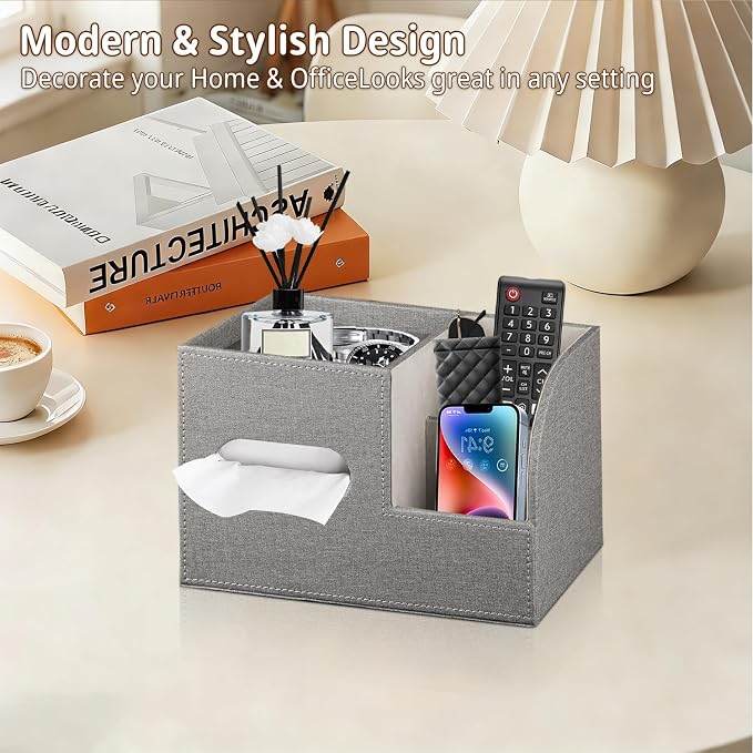 PU Leather Square Tissue Box Cover with Storage Tray,Cube Tissue Box Holder