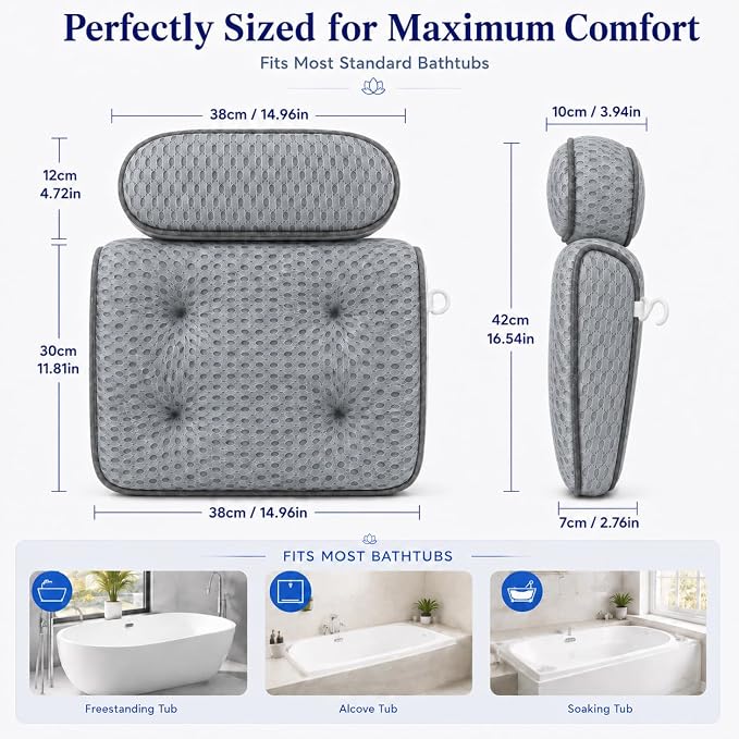 Zyrah Bath Pillows for Tub, Spa Bath Pillow with 72 Micro-Suction Cup Array, 3D Air Mesh Quick Dry, Machine Washable, Ergonomic Neck and Head Cushion for Bathtub - Gray