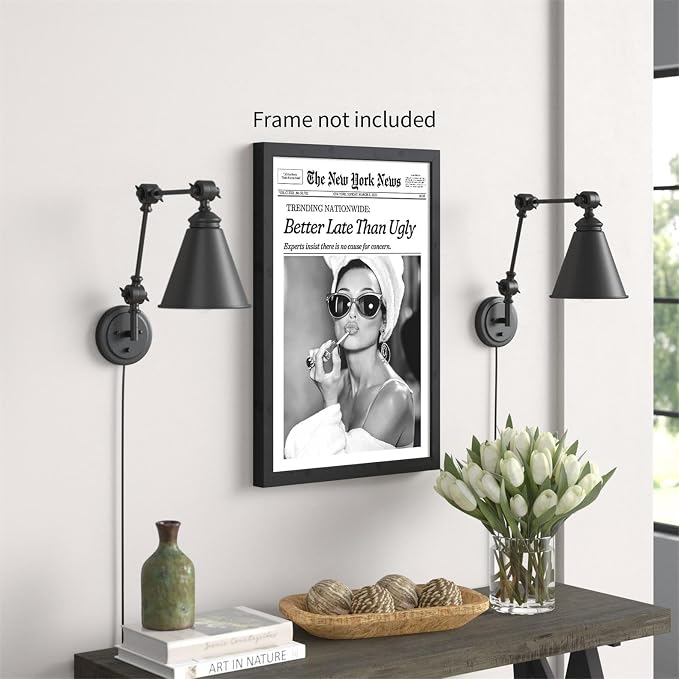 Haitunone Black and White Newspaper Canvas Poster Better Late Than Ugly Quotes Wall Art Fashion Feminist Aesthetic Prints Bar Cart Wall Decor for Girls Bathroom 16X24inch Unframed