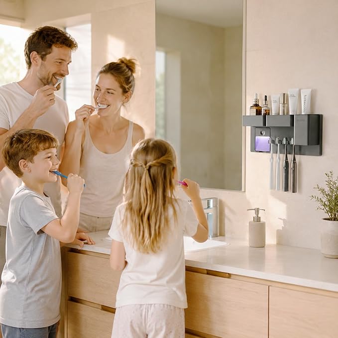 Toothbrush Holders for Bathrooms Toothbrush Holders Wall Mounted with Magnetic Night Light-4 Toothbrush Slots, 3 Independent Storage Compartments Bathroom Decor All-in-One Organizers Accessories Black