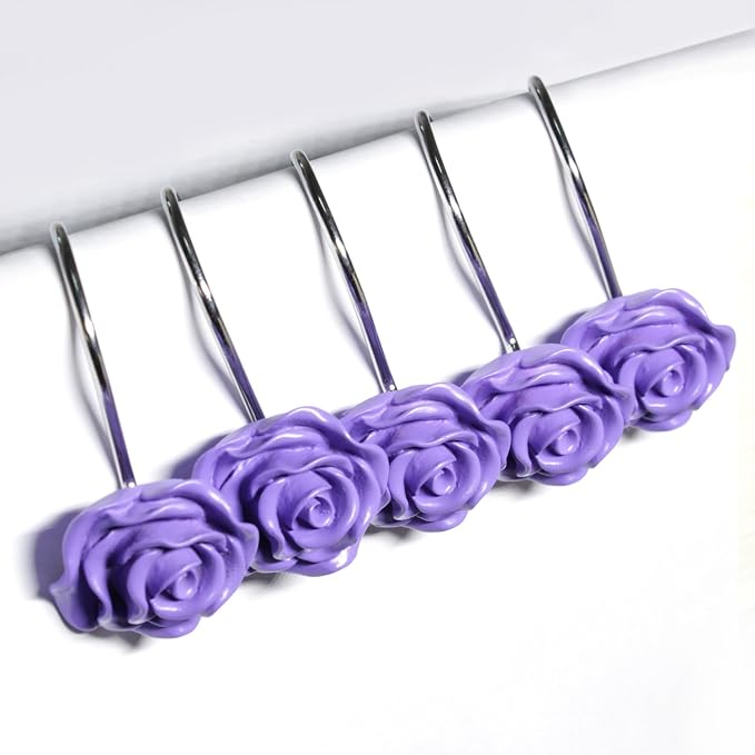 BEAVO Shower Curtain Hooks, Home Decorative Rustproof Shower Curtain Hooks Resin Rose Flower Shower Hooks Rings for Bathroom Shower Rods Curtains,Set of 12 Hooks (Purple) | Purple Flower Shower Curtain Ring - Stainless Steel Shower Ring Hook with Resin...