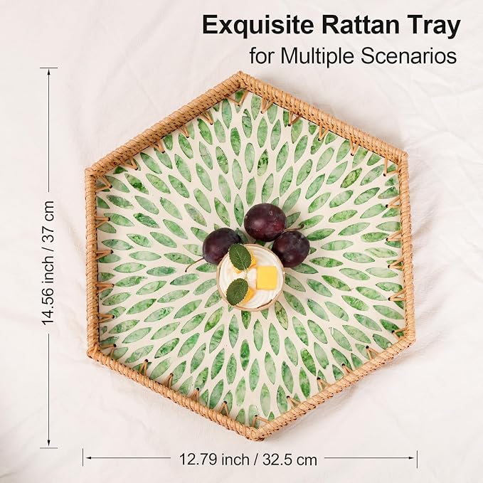 Hexagon Rattan Tray with Mother of Pearl Inlay, Rattan Serving Tray for Coffee, Bread, Fruits, Snacks, Decorative Wicker Tray for Table Decor, Home Decor (Green Leaves, 14.5"×12.8")