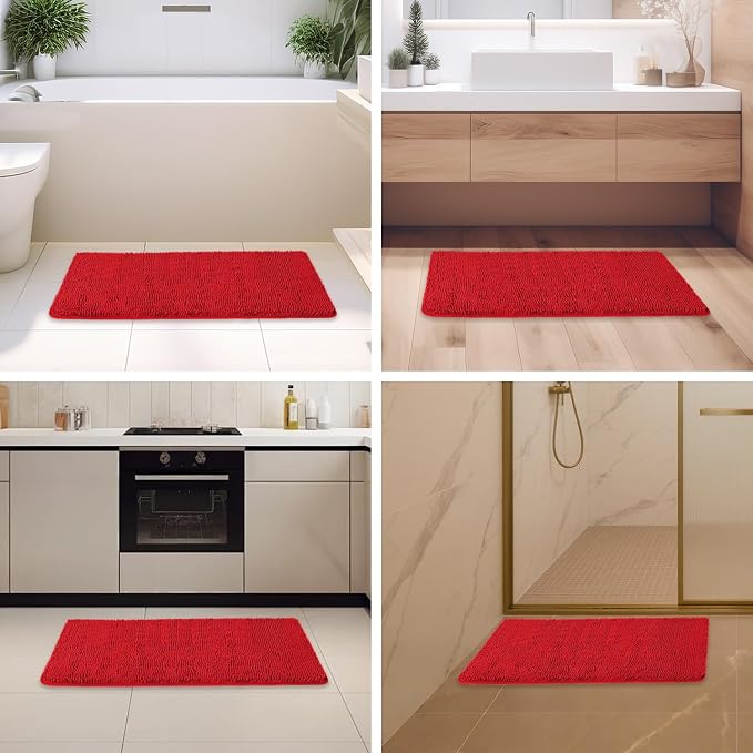 Red Bathroom Rugs – Absorbent and Washable Bath Mat, Non-Slip, Thick Soft Chenille Bath Rugs for Bathroom Floor, Shower, Sink - 24" x 36"