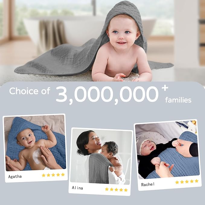 Yoofoss Hooded Baby Towels for Newborn 2 Pack 100% Muslin Organic Cotton Baby Bath Towel with Hood for Babies, Infant, Toddler and Kids, 32x32Inch, Soft and Absorbent Newborn Essential,Grey& Dark Blue