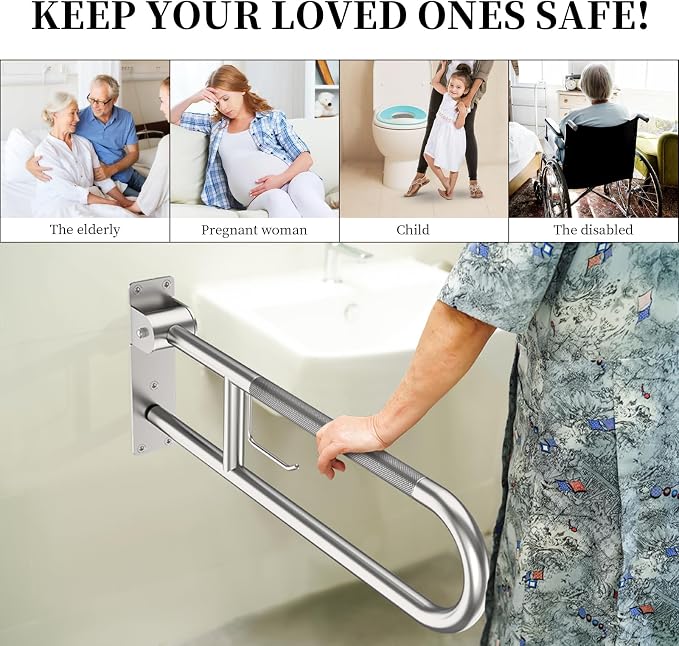 Toilet Grab Bar 32 Inch, YuanDe Brushed Nickel Anti-Slip Support Rail | U Shaped Flip-Up Grab Bar with Paper Holder, Stainless Steel Knurled Handicap Safety Handrails for Disabled Elderly Pregnant