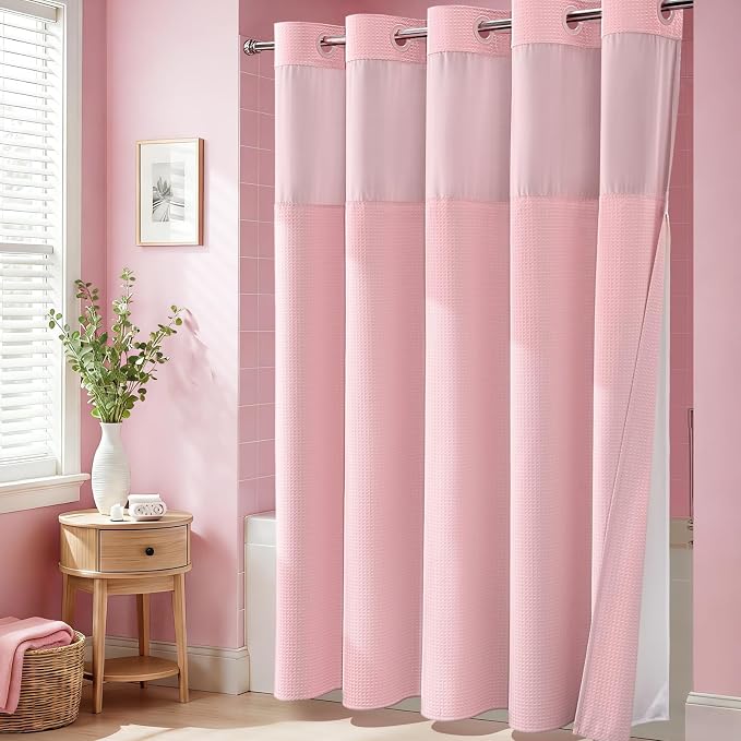 Pink Hook Free Waffle Shower Curtain & Snap-in Fabric Liner,72x87 | Less Time to install, 3 in 1 Fabric Shower Curtain and Liner Set with Magnets, Extra Long, Shower Curtains for Bathroom