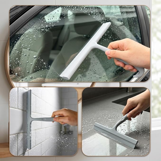 Shower Squeegee for Glass Doors, 10-Inch Silicone, Fishtail Type Hook, Grey | One-piece Silicone, Fishtail Hook, Non-slip Grip and Quiet Glide for Shower Glass, Tile, Mirrors, Windows and Car Glass