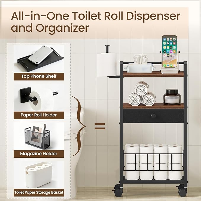 Snughome Freestanding Toilet Paper Holder with Storage Drawer, 4-Tier Rolling Toilet Paper Holder Stand with Wheels, Shelf & Basket, Bathroom Magazine Rack for Phone & Extra Rolls (Rustic Brown)