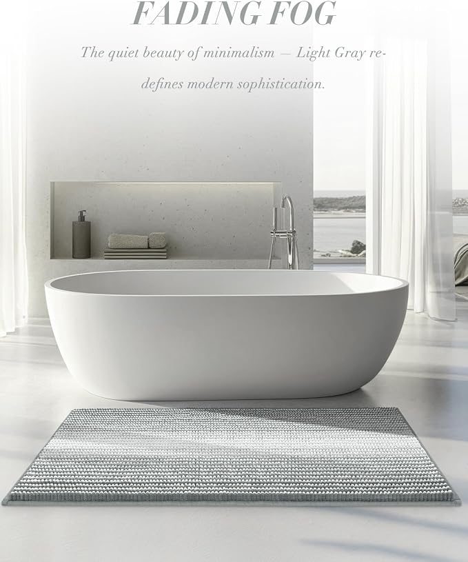 Chenille Bathroom Rugs, 24 x 43 Inches Non Slip Absorbent Bath Mat, Soft Shaggy Shower Bath Floor Mats for Bathroom, Machine Washable(Light Gray)
