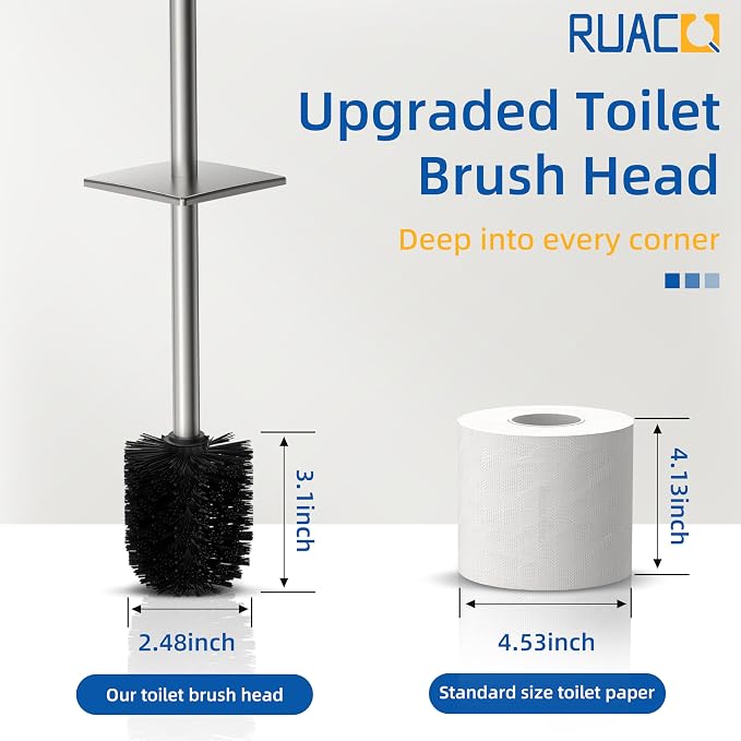 RUACQ Toilet Brush and Holder Set, Square, Brushed Nickel | SUS304 Stainless Steel Handle, Toilet Cleaner Brush with Durable Scrubbing Bristles, Splash-Proof