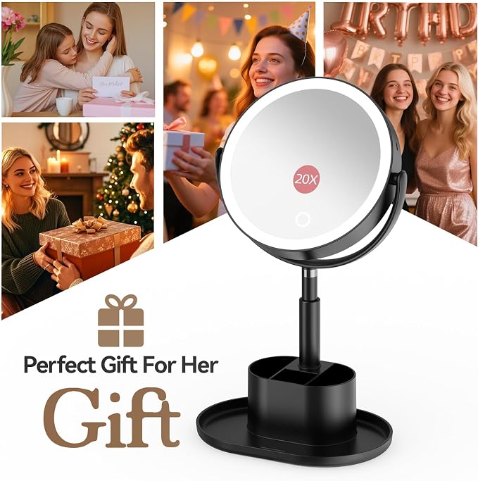 20X Magnifying Mirror with Lights and Storage, Double Sided Vanity Mirror | Rechargeable Makeup Mirror, 3 Color Lighting, Fast Charge and Long-lasting Work, Height Adjustable, Memory Function, Black