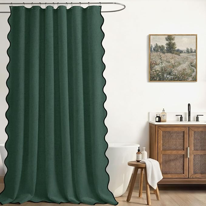 Scalloped Shower Curtain Linen Boho Flax Dark Green 72" W x 72" L | Linen Fabric, Black Border, Washable, Heavy Duty Cloth, Shower Curtain for Boho Farmhouse Bathroom Bathtub