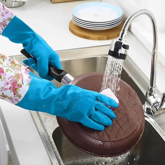 KINGFINGER PVC Latex-Free Long Dishwashing Gloves for Household Cleaning, Waterproof, 2-Pair Large with Long Cuff & Flock Lining
