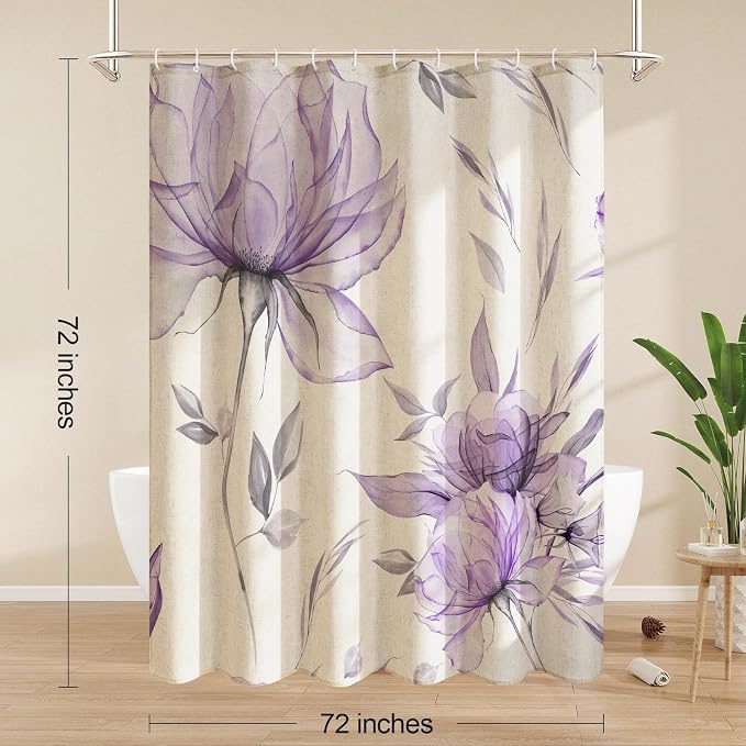 Litabel Farmhouse Purple Floral Linen Shower Curtain, Boho Vintage Spring Cotton Shower Curtains for Chic Elegant Bathroom Decor, Ink Painting Style Blossom Fabric Bath Curtain, 72 x 72