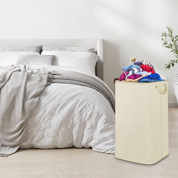 Large Laundry Basket, 80L Collapsible Tall Hamper with Handle Beige | Dirty Clothes Hamper for Bedroom, Rectangular Sturdy Laundry Basket for College, Dorm, Towels, Toys