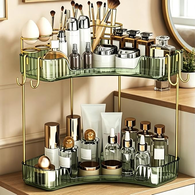 2-Tier Corner Bathroom Counter Organizer,Makeup & Skincare Shelf with Built-in Brush Holder,Space-Saving Bathroom Countertop Organizer for Skincare, Perfume, Cosmetics(Green)
