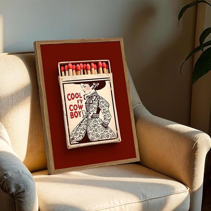 Vintage Western Cowgirl Wall Art Trendy Southwest Cool it Cowboy Matchbox Wall Decor Picture Coastal Cowgirl Poster Canvas Painting Print for Living Room Bedroom 12x16 inch Wood Framed