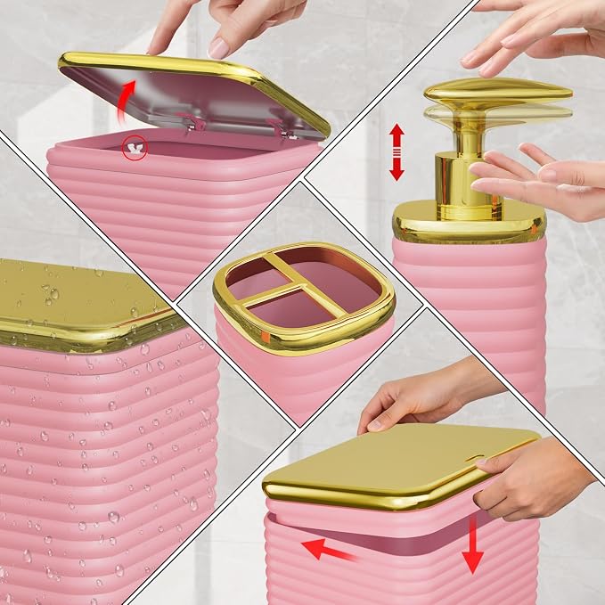 Bathroom Set - 10PC Bathroom Accessory Set, Pink Bathroom Set, Luxury Bathroom Accessories Set, Trash Can, Toilet Brush, Soap Dish, Qtip Holder & Soap Dispenser