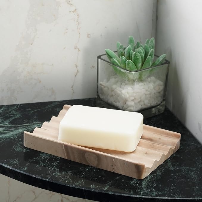 Karibiber Soap Holder, Marble Soap Dish for Shower, Bar Soaps Holder with Water Ripple Design, Easy Cleaning Soaps Saver for Kitchen Sink,Bathroom, Executive Indian Natural Stone Soap Tray(Phalodi)