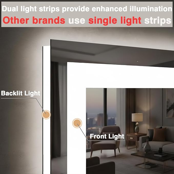 EchosLife 55"x36" LED Bathroom Mirrors for Wall | Backlit + Front Lit, Anti-Fog, Stepless Dimmable, 3 Colors, Memory, Tempered Glass, UL Listed, Horizontal/Vertical