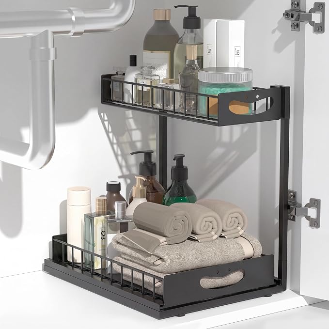 Under Sink Organizer with Pull-Out Drawers,Kitchen Sink Organizer,2 Tier Bathroom Organizers And Storage,Bathroom Accessories Set,Black 2 Pack