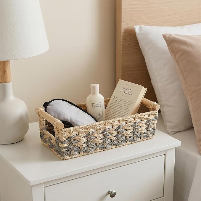 JJSQ Storage Baskets for Organizing with Handles Paper Rope Woven Storage Basket for Shelves Decorative Storage Bins for Toilet Tank Small Boho Home Decor (15.4"×7"×4.7" IN)