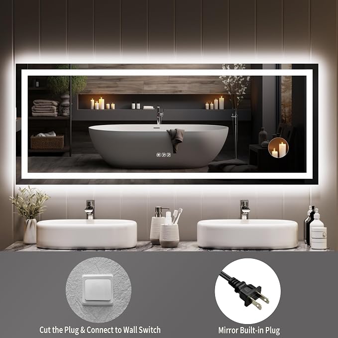 Large LED Bathroom Mirror 60x36 Inch - Frontlit & Backlit Frameless Wall Vanity Mirror with Stepless Dimming, Adjustable Color Temp, Anti-Fog Defogger, Smart Memory & 3X Suction Mirror, Sha