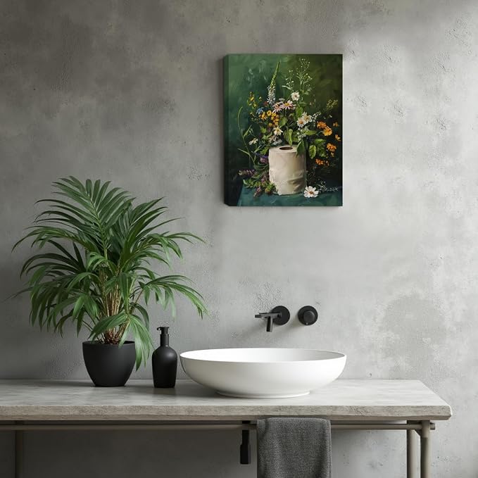 Framed Vintage Floral Bathroom Wall Art Set of 3, Dark Green Moody Flower Canvas Prints, Rustic Cottagecore Wildflower Paintings for Toilet Restroom Home Decor 12x16 inch