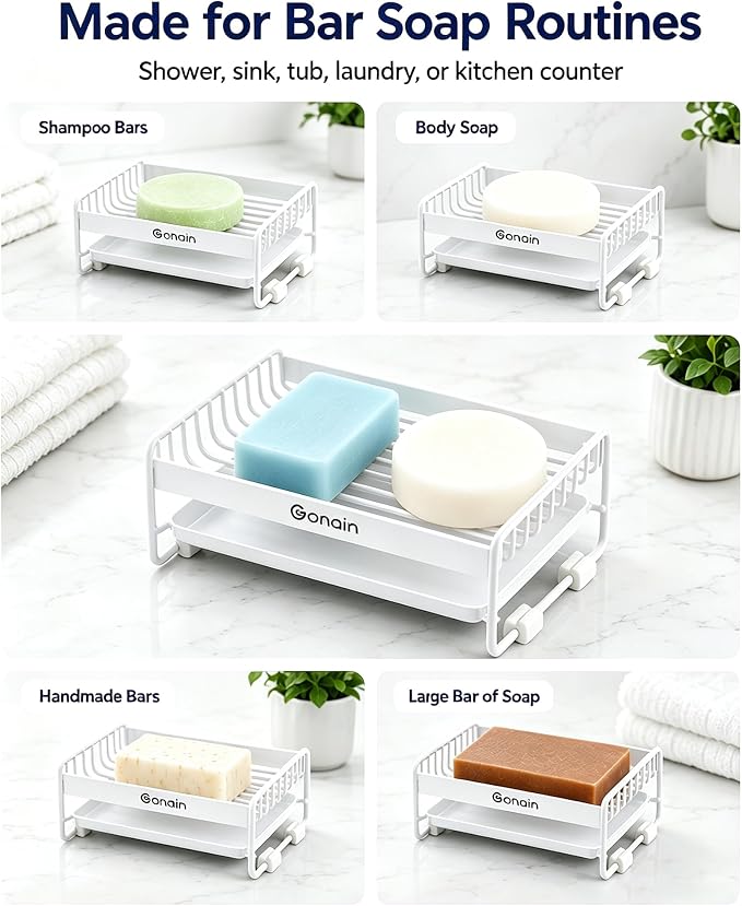 Soap Dish for Shower, Carbon Steel Soap Holder with Drain Tray | carbon steel, removable drain tray, raised rack, anti-slip feet, for shower sink countertop